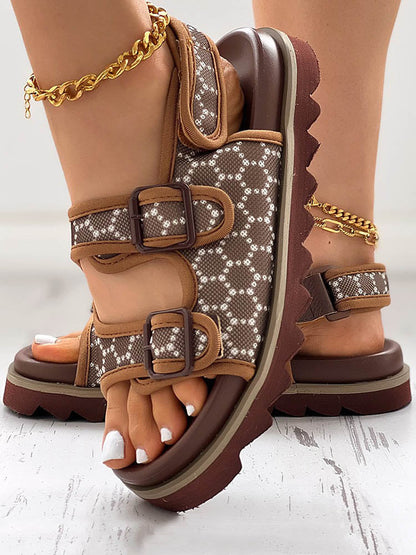 Double Buckle Strap Diamante Flat Sandal - ECHOINE