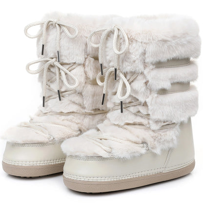2025 Winter Witte Halfhoge Laarzen Vrouwen Bontlaarzen Merk Luxe Pluizig Bont Sneeuwlaarzen Vrouw Dik Bont Antislip Katoenen Laarzen