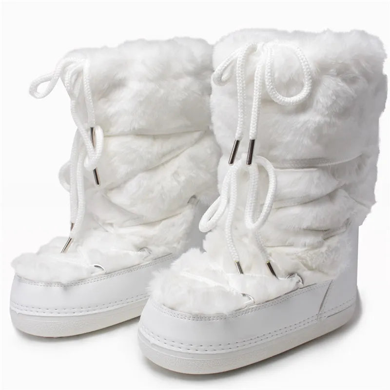 2025 Winter Witte Halfhoge Laarzen Vrouwen Bontlaarzen Merk Luxe Pluizig Bont Sneeuwlaarzen Vrouw Dik Bont Antislip Katoenen Laarzen
