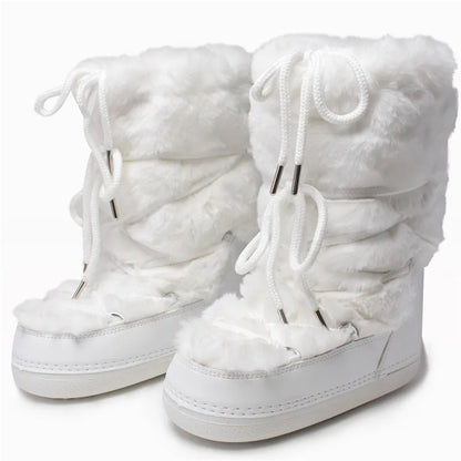 2025 Winter Witte Halfhoge Laarzen Vrouwen Bontlaarzen Merk Luxe Pluizig Bont Sneeuwlaarzen Vrouw Dik Bont Antislip Katoenen Laarzen