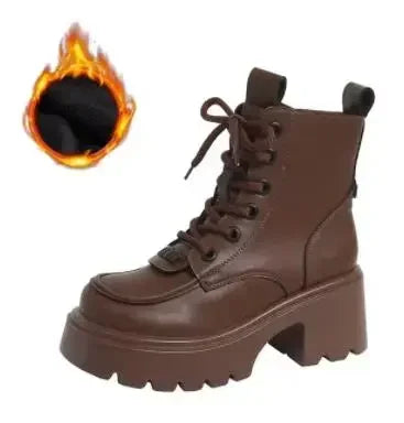 7CM Nieuwe Winter Vrouwen Warme Sneeuw Schoenen Ronde Teen Chunky Hakken Enkellaarsjes Hoog Platform Leren Schoenen voor Vrouwen Combat Korte Laarzen