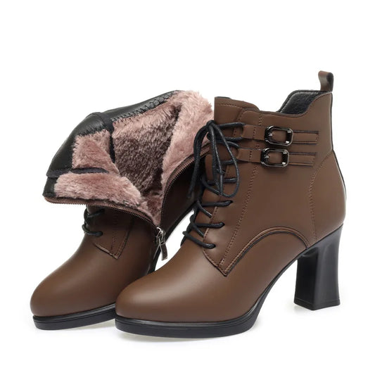 7,5 cm dubbele gesp blok hoge hakken schoenen platform winter 2024 vrouwen zacht leer pluche bont enkellaarsjes voor kantoor moeder
