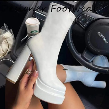 2025 Nieuwe Hoge Hakken 8cm Waterdichte Platform Dikke Zool Plus Size Korte Laarzen Zijrits Dunne Laarzen Dames Zwarte Ridder Laarzen