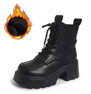 7CM Nieuwe Winter Vrouwen Warme Sneeuw Schoenen Ronde Teen Chunky Hakken Enkellaarsjes Hoog Platform Leren Schoenen voor Vrouwen Combat Korte Laarzen