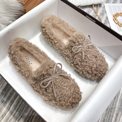 2025 Vrouwen Pluche Katoenen Schoenen voor Herfst en Winter Wear Platte Schoenen met lam Wol en fluweel Butterfly Knot Bean Single Schoenen