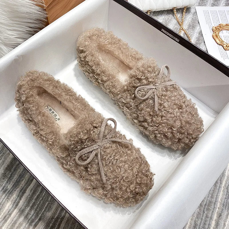 2025 Vrouwen Pluche Katoenen Schoenen voor Herfst en Winter Wear Platte Schoenen met lam Wol en fluweel Butterfly Knot Bean Single Schoenen