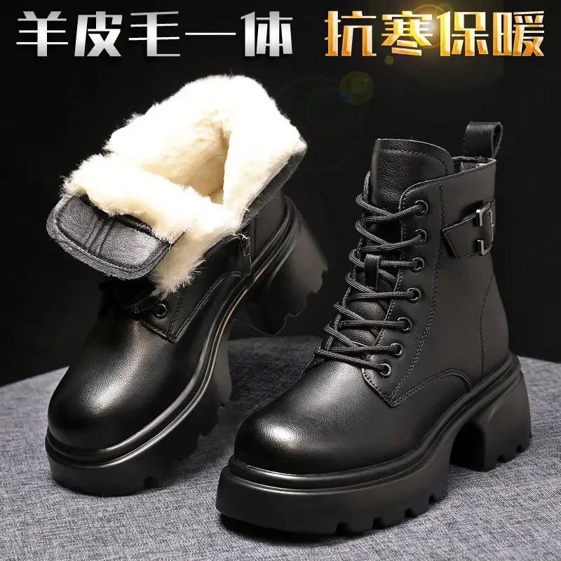 2025 Pluche Sneeuwlaarzen Vrouw Winter Leren Katoenen Schoenen voor Vrouwen Verdikte Bodem Dames Enkellaarzen Gewatteerde Warme Katoenen Schoenen