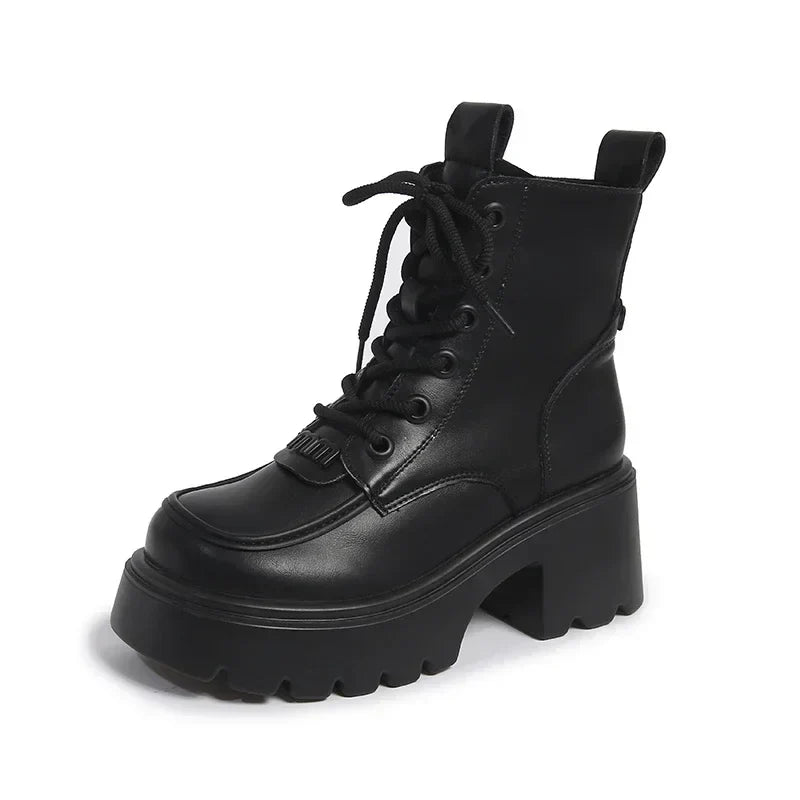 7CM Nieuwe Winter Vrouwen Warme Sneeuw Schoenen Ronde Teen Chunky Hakken Enkellaarsjes Hoog Platform Leren Schoenen voor Vrouwen Combat Korte Laarzen