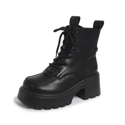 7CM Nieuwe Winter Vrouwen Warme Sneeuw Schoenen Ronde Teen Chunky Hakken Enkellaarsjes Hoog Platform Leren Schoenen voor Vrouwen Combat Korte Laarzen