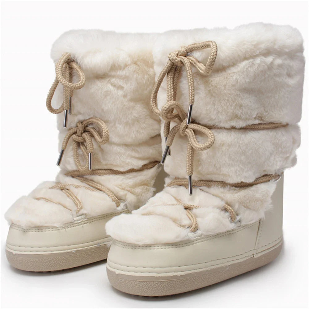 2025 Winter Witte Halfhoge Laarzen Vrouwen Bontlaarzen Merk Luxe Pluizig Bont Sneeuwlaarzen Vrouw Dik Bont Antislip Katoenen Laarzen