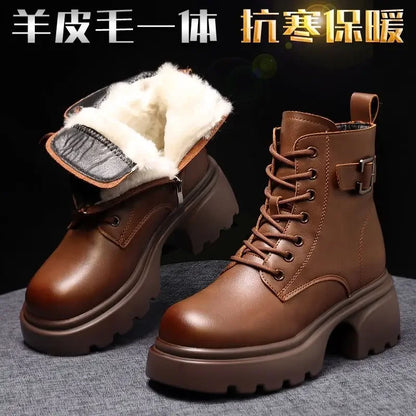 2025 Pluche Sneeuwlaarzen Vrouw Winter Leren Katoenen Schoenen voor Vrouwen Verdikte Bodem Dames Enkellaarzen Gewatteerde Warme Katoenen Schoenen