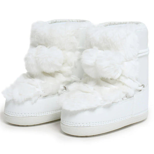 2025 Winter Witte Halfhoge Laarzen Vrouwen Bontlaarzen Merk Luxe Pluizig Bont Sneeuwlaarzen Vrouw Dik Bont Antislip Katoenen Laarzen