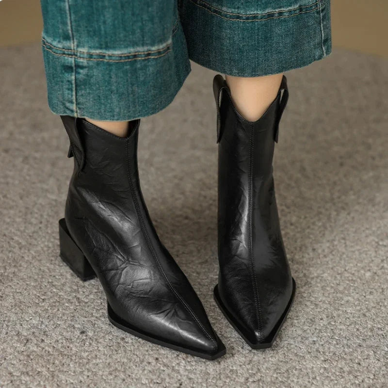 2025 Puntige Teen Vrouwen Western Cowgirl Laarzen Mode Slip op Chelsea Booties Retro Stijl Herfst Vrouw Dikke Hak Schoenen Hak 5CM