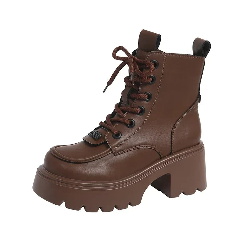 7CM Nieuwe Winter Vrouwen Warme Sneeuw Schoenen Ronde Teen Chunky Hakken Enkellaarsjes Hoog Platform Leren Schoenen voor Vrouwen Combat Korte Laarzen
