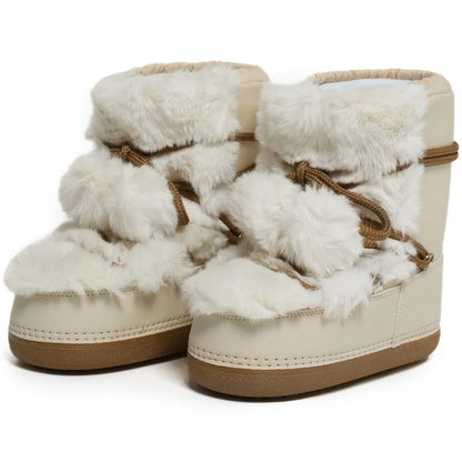 2025 Winter Witte Halfhoge Laarzen Vrouwen Bontlaarzen Merk Luxe Pluizig Bont Sneeuwlaarzen Vrouw Dik Bont Antislip Katoenen Laarzen