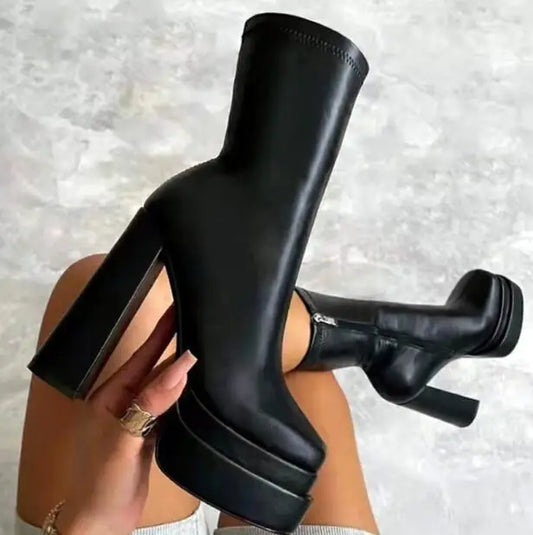 2025 Nieuwe Hoge Hakken 8cm Waterdichte Platform Dikke Zool Plus Size Korte Laarzen Zijrits Dunne Laarzen Dames Zwarte Ridder Laarzen