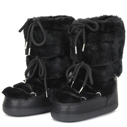 2025 Winter Witte Halfhoge Laarzen Vrouwen Bontlaarzen Merk Luxe Pluizig Bont Sneeuwlaarzen Vrouw Dik Bont Antislip Katoenen Laarzen