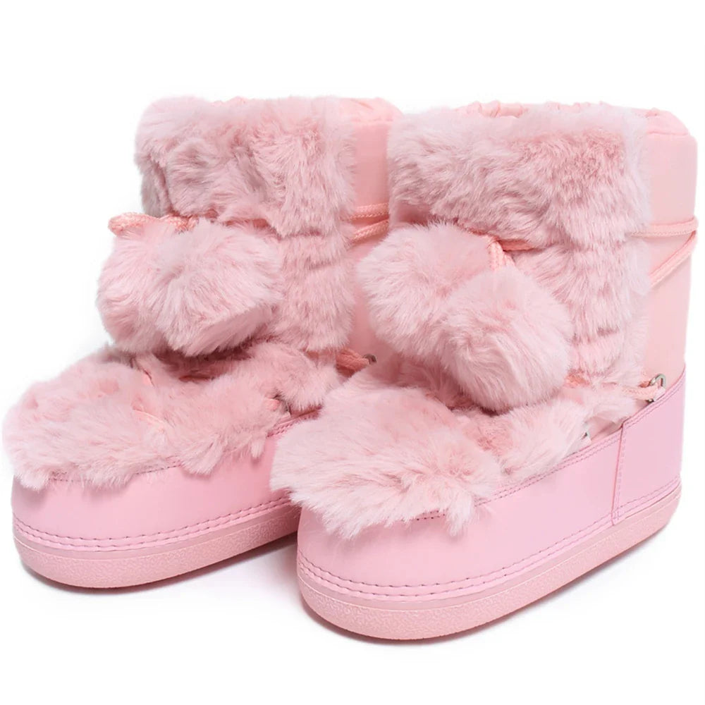 2025 Winter Witte Halfhoge Laarzen Vrouwen Bontlaarzen Merk Luxe Pluizig Bont Sneeuwlaarzen Vrouw Dik Bont Antislip Katoenen Laarzen