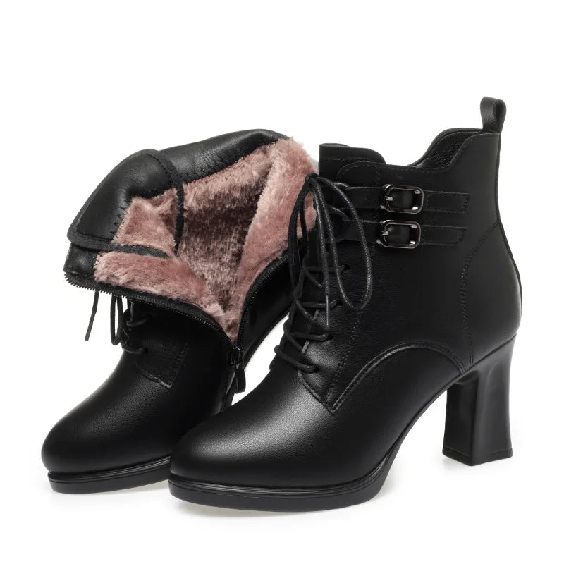 7,5 cm dubbele gesp blok hoge hakken schoenen platform winter 2024 vrouwen zacht leer pluche bont enkellaarsjes voor kantoor moeder