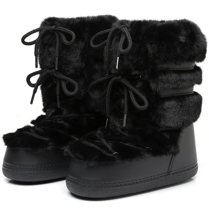 2025 Winter Witte Halfhoge Laarzen Vrouwen Bontlaarzen Merk Luxe Pluizig Bont Sneeuwlaarzen Vrouw Dik Bont Antislip Katoenen Laarzen