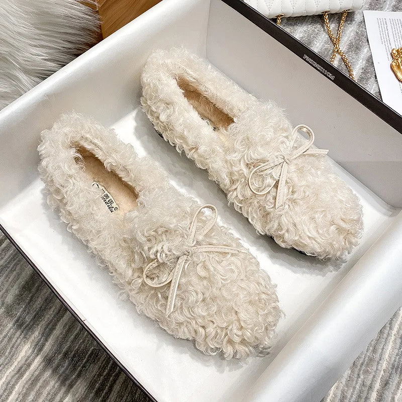2025 Vrouwen Pluche Katoenen Schoenen voor Herfst en Winter Wear Platte Schoenen met lam Wol en fluweel Butterfly Knot Bean Single Schoenen