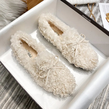 2025 Vrouwen Pluche Katoenen Schoenen voor Herfst en Winter Wear Platte Schoenen met lam Wol en fluweel Butterfly Knot Bean Single Schoenen