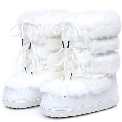 2025 Winter Witte Halfhoge Laarzen Vrouwen Bontlaarzen Merk Luxe Pluizig Bont Sneeuwlaarzen Vrouw Dik Bont Antislip Katoenen Laarzen