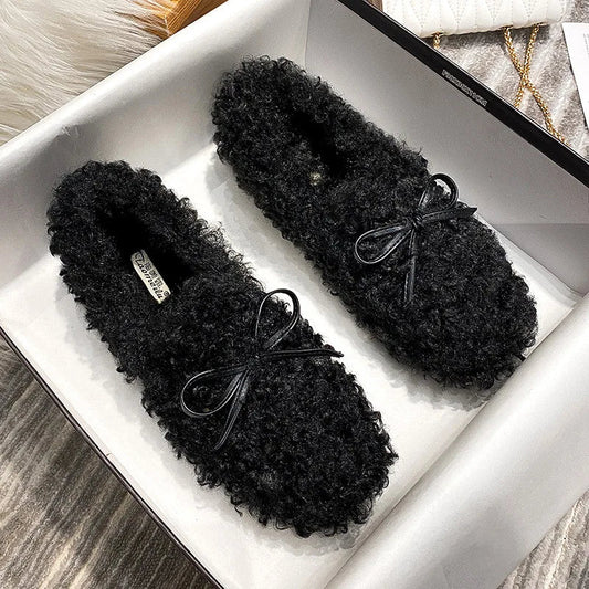 2025 Vrouwen Pluche Katoenen Schoenen voor Herfst en Winter Wear Platte Schoenen met lam Wol en fluweel Butterfly Knot Bean Single Schoenen