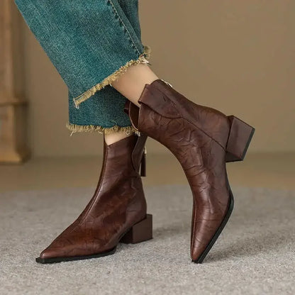 2025 Puntige Teen Vrouwen Western Cowgirl Laarzen Mode Slip op Chelsea Booties Retro Stijl Herfst Vrouw Dikke Hak Schoenen Hak 5CM