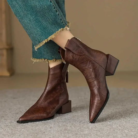 2025 Puntige Teen Vrouwen Western Cowgirl Laarzen Mode Slip op Chelsea Booties Retro Stijl Herfst Vrouw Dikke Hak Schoenen Hak 5CM