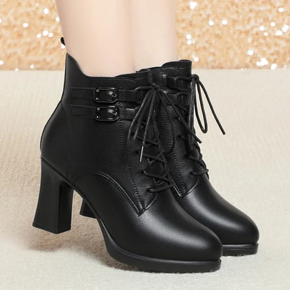 7,5 cm dubbele gesp blok hoge hakken schoenen platform winter 2024 vrouwen zacht leer pluche bont enkellaarsjes voor kantoor moeder